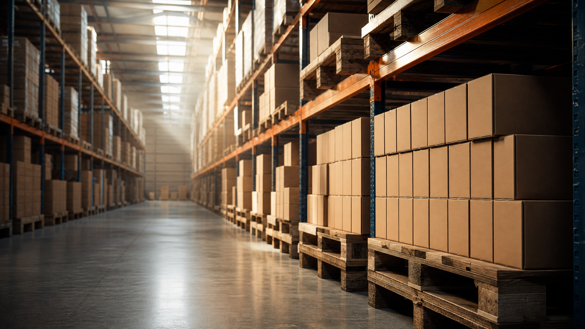 Wholesale warehouse aisle with stacked shipping boxes, illustrating supply channels a B2B buyer evaluates when sourcing mobile phones.