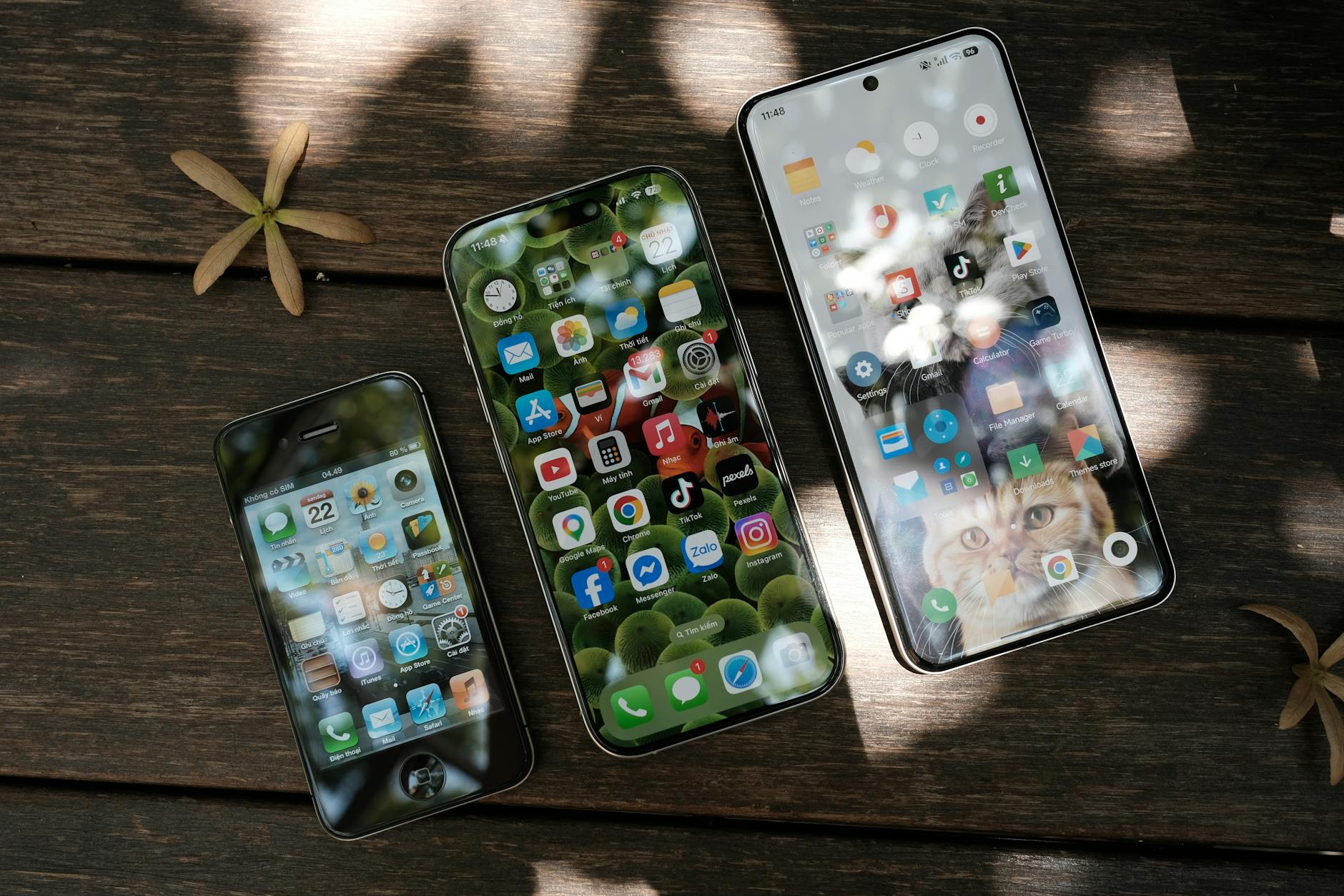 Multiple smartphones arranged in a flat-lay, illustrating a mixed-grade wholesale lot ready for sale.