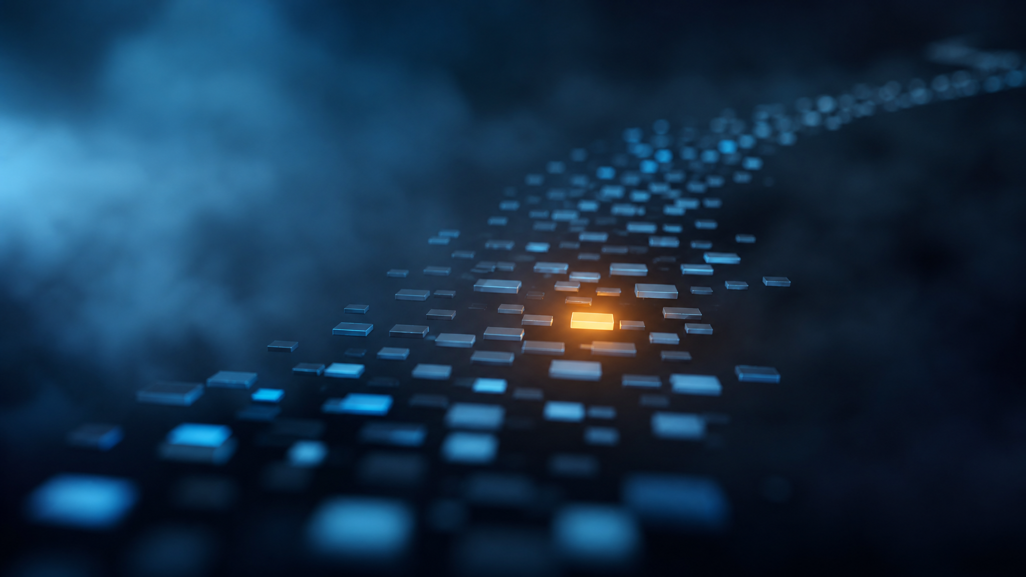 A wide cinematic view of a trail of softly-glowing rectangular nodes drifting through a hazy dark background, with one node in the centre glowing brighter in warm amber, illustrating the search for the right counterparty among many.